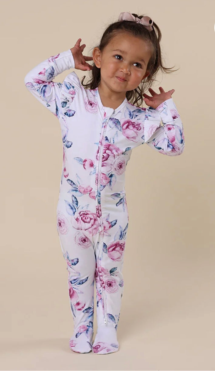 Organic Snuggle Sleepsuit Zip Footie with Frill | Lilac Skies