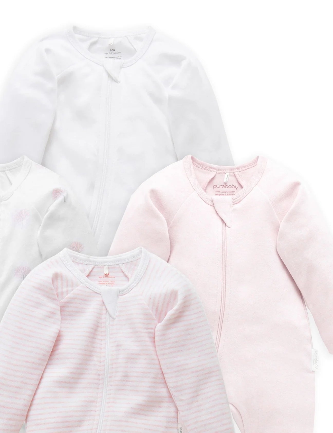 4 Pack Zip Growsuit | Pale Pink Tree