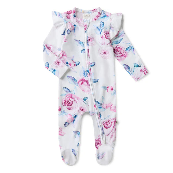 Organic Snuggle Sleepsuit Zip Footie with Frill | Lilac Skies