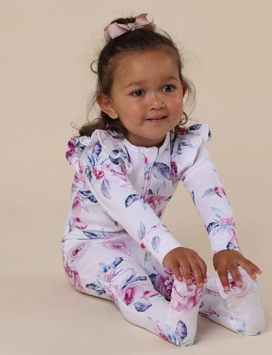 Organic Snuggle Sleepsuit Zip Footie with Frill | Lilac Skies