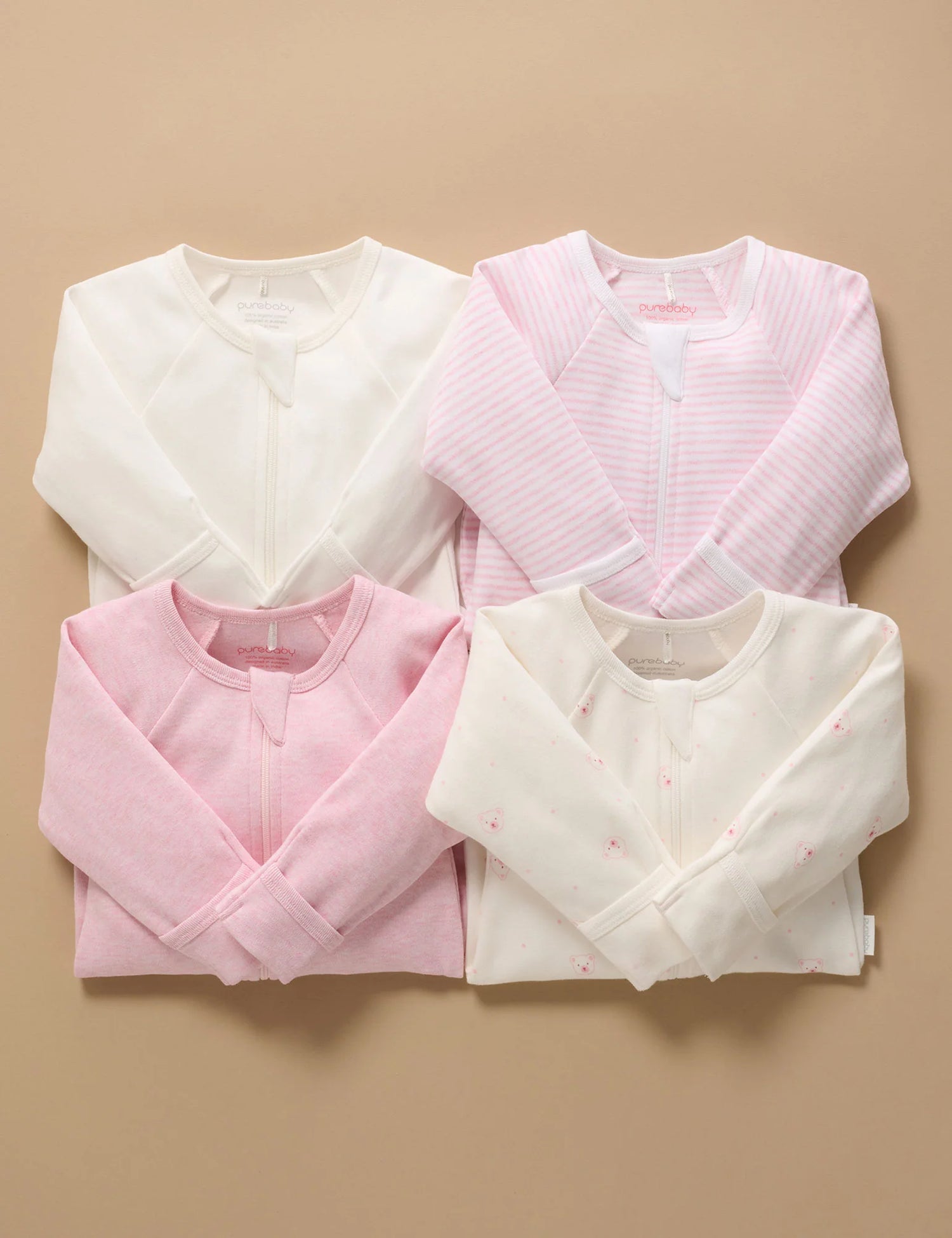 4 Pack Zip Growsuit | Pale Pink Bear