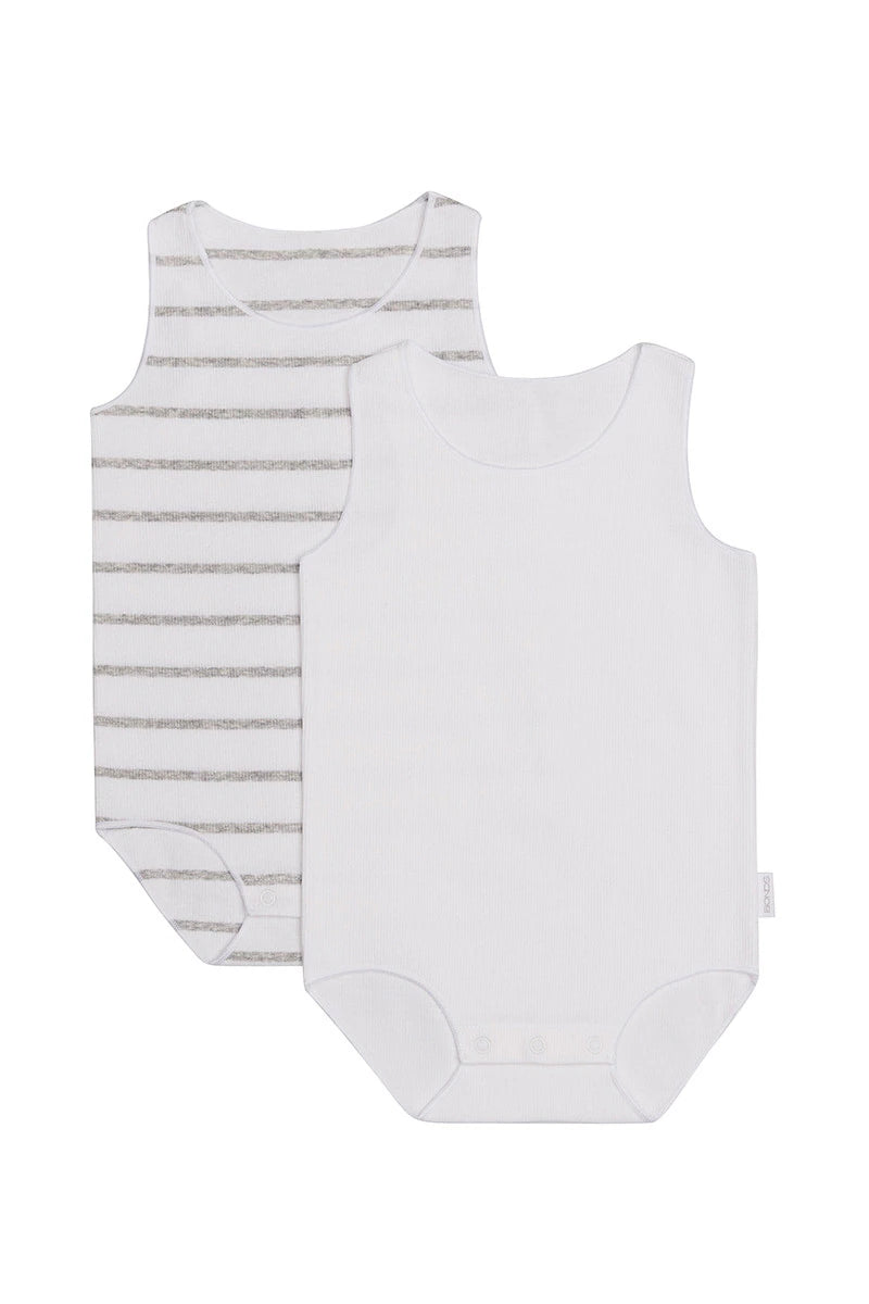 Baby Wonderbodies Rib Singletsuit 2 Pack | White & Grey Stripe & White
