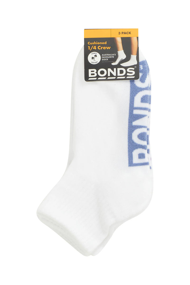 Kids Logo Cushioned Quarter Crew Socks 3 Pack | White-Girls