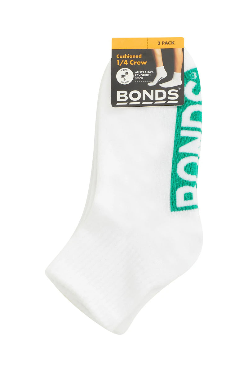 Kids Logo Cushioned Quarter Crew Socks 3 Pack | White-Boys