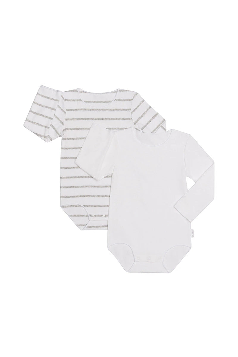 Rib Long Sleeve Wonderbodies 2 Pack | White & Grey Stripe / White