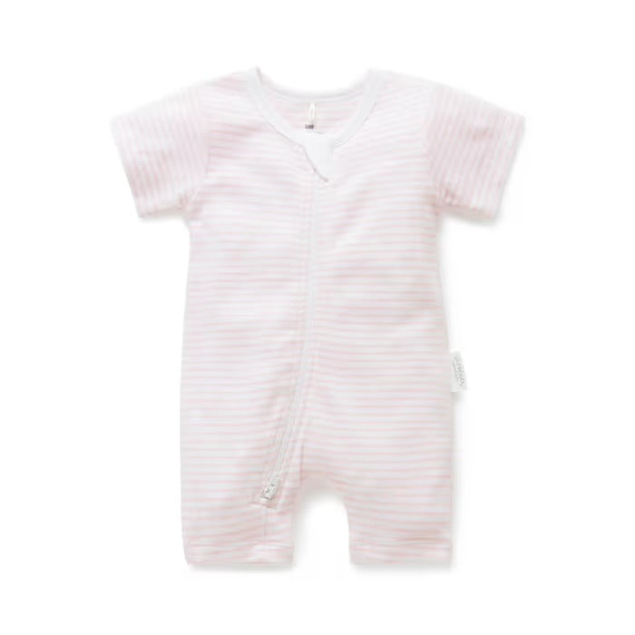 Short Sleeve Zip Growsuit | Pink Melange Stripe