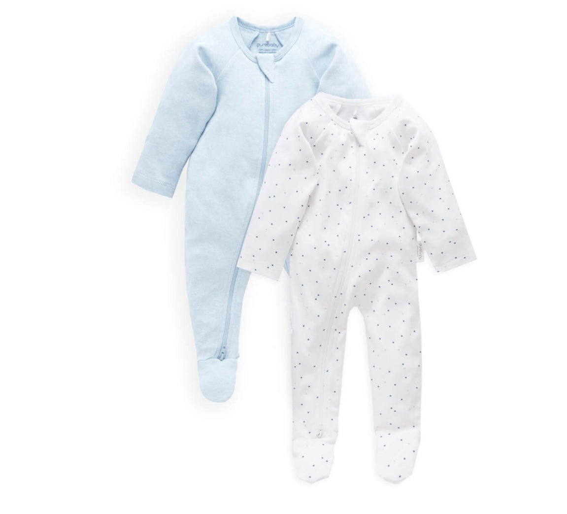 2 Pack Zip Growsuit | Pale Blue Melange