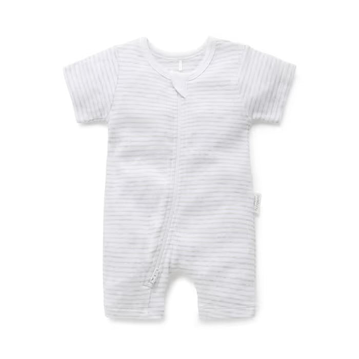 Short Sleeve Zip Growsuit | Grey Melange Stripe