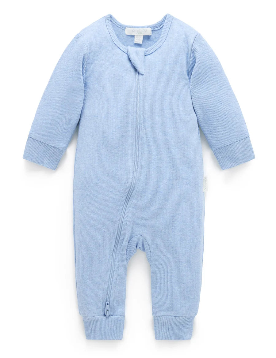 Ribbed Zip Growsuit | Pale Blue Melange