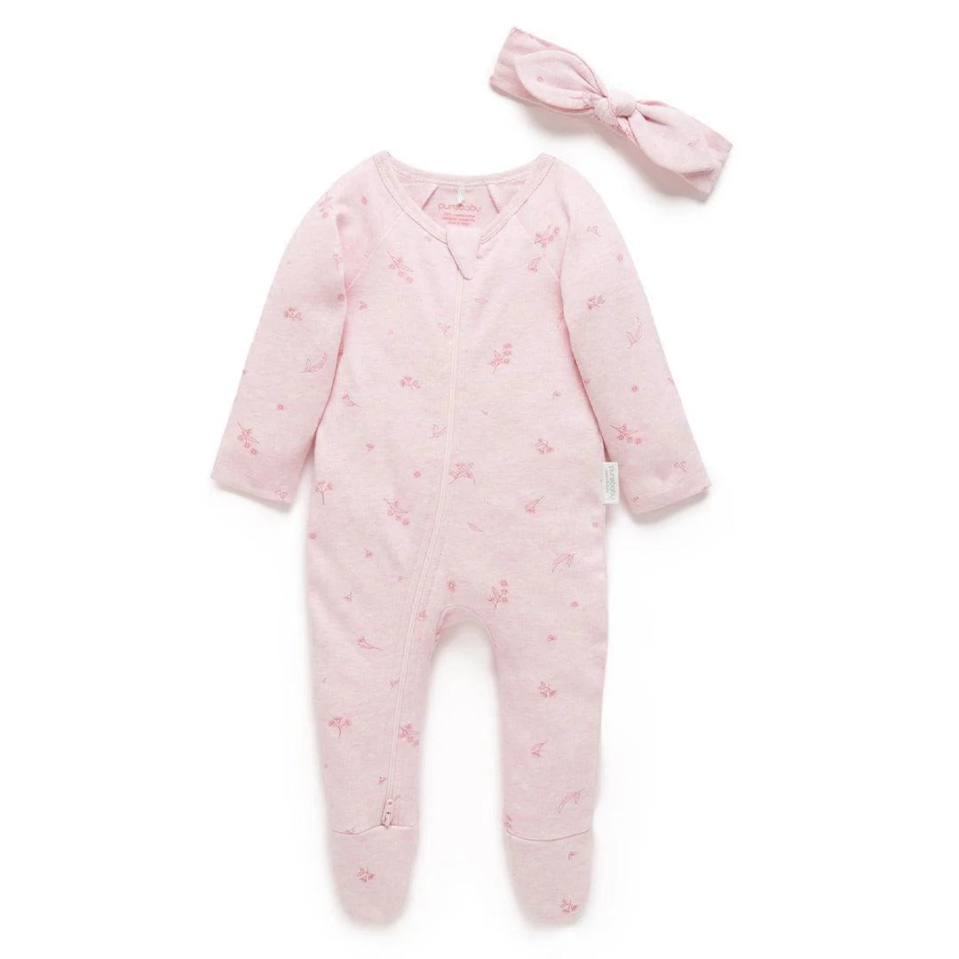 Zip Growsuit & Headband Set | Pale Pink Blossom