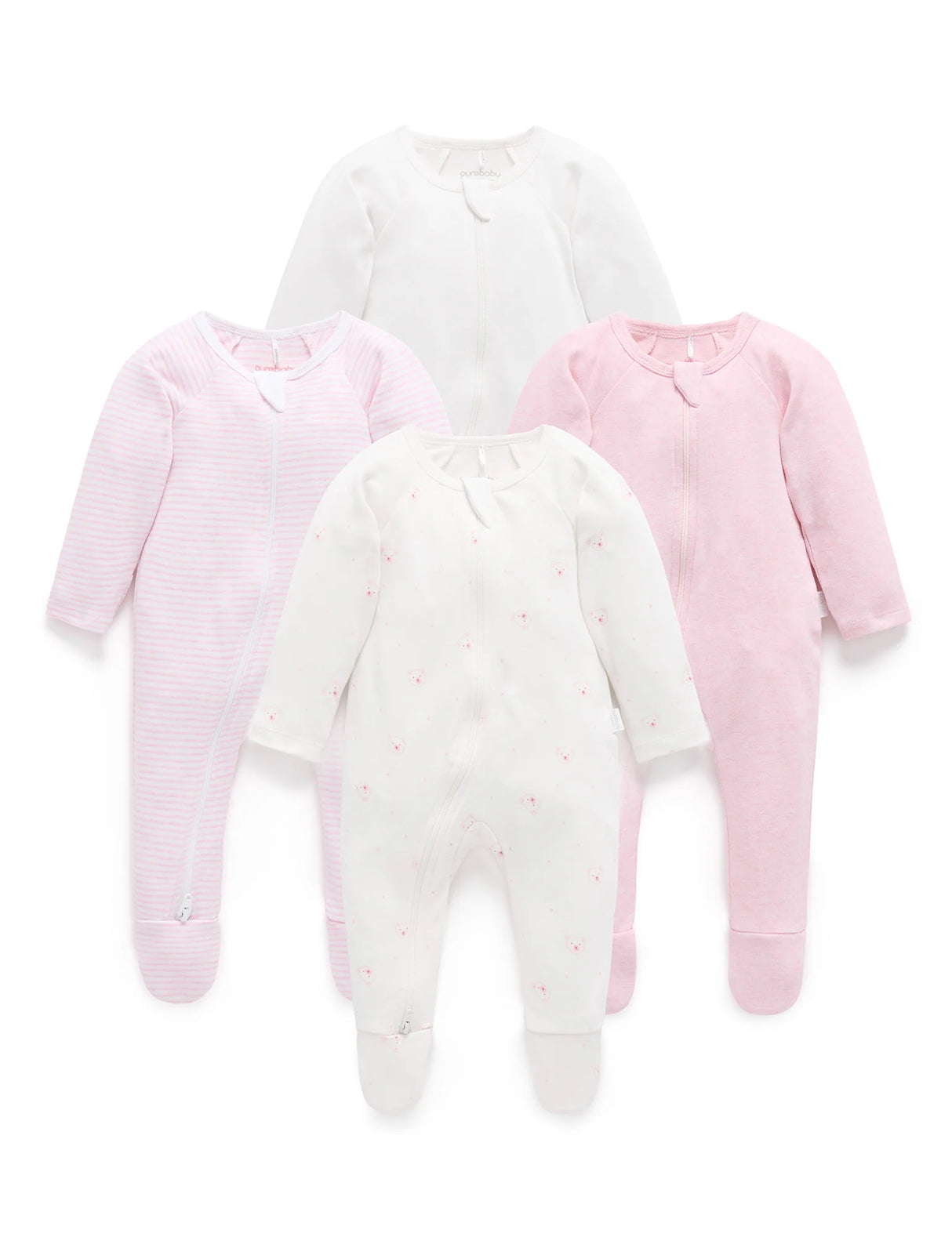 4 Pack Zip Growsuit | Pale Pink Bear