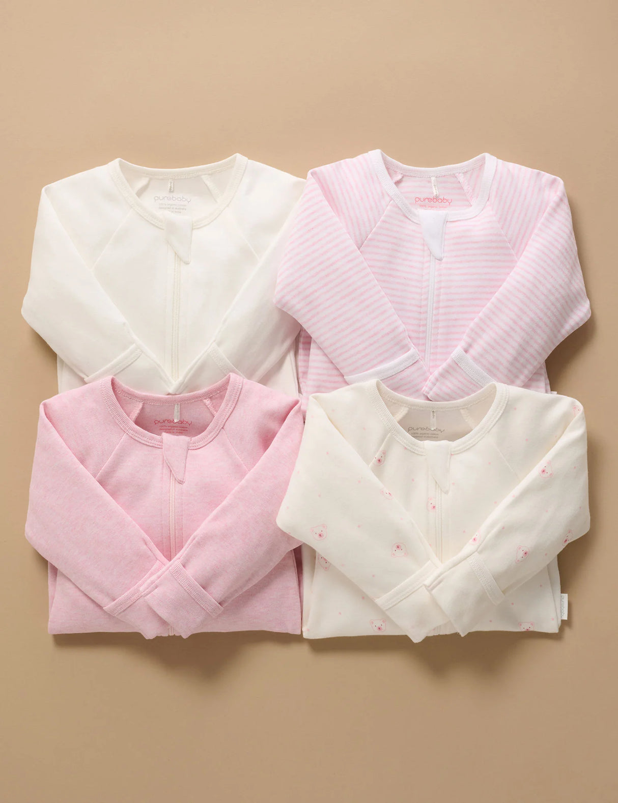 4 Pack Zip Growsuit | Pale Pink Bear