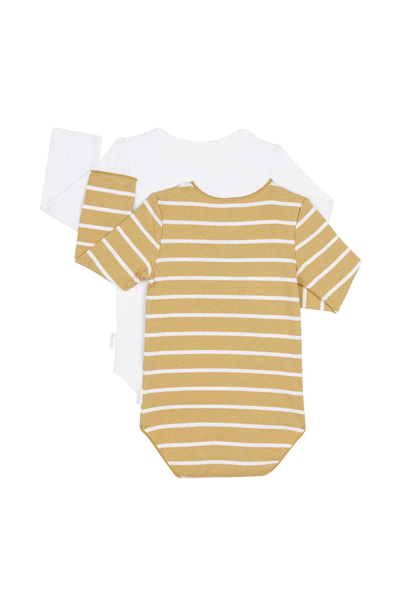 Rib Long Sleeve Bodysuit 2 Pack | Mustard Rush / White Stripes