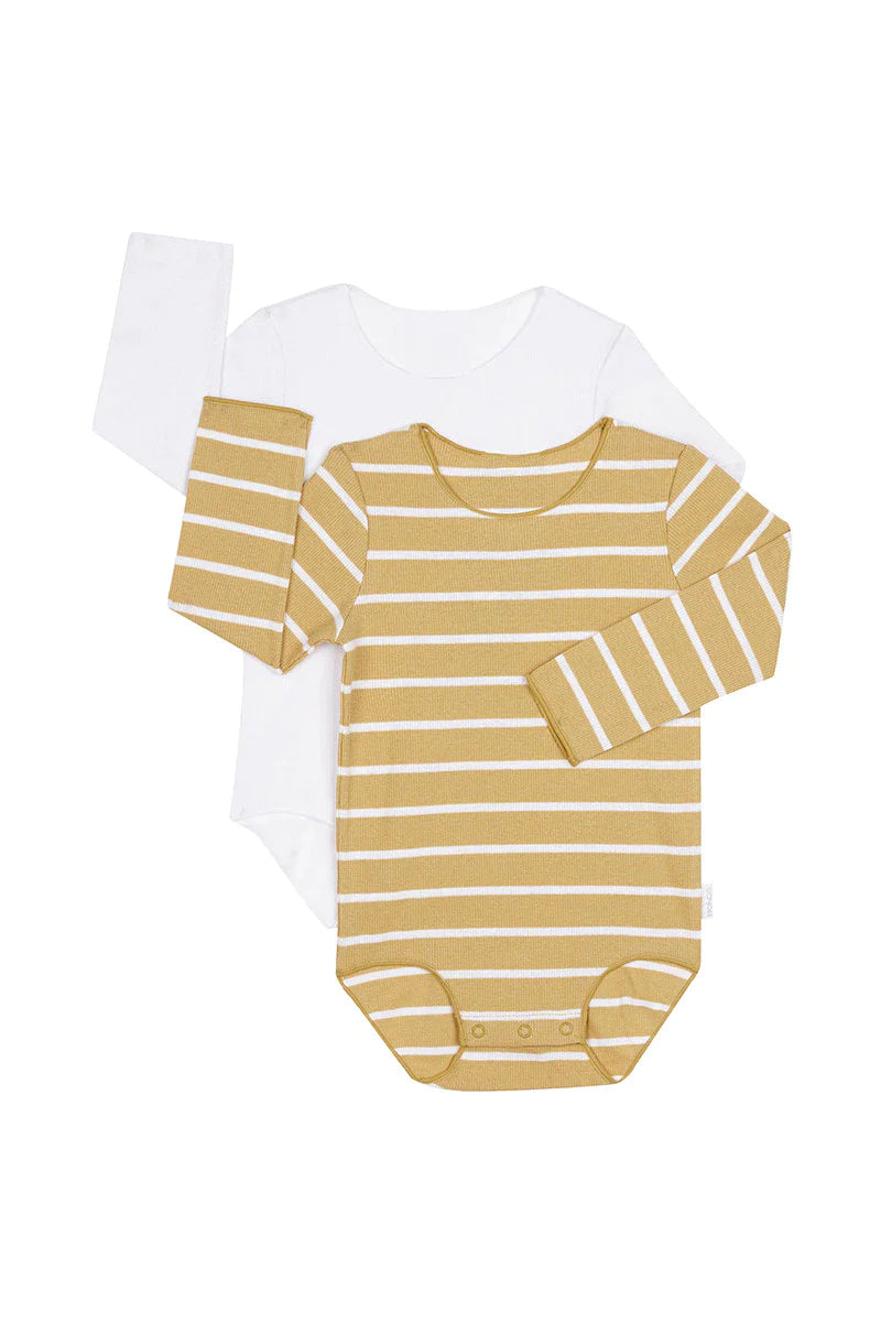 Rib Long Sleeve Bodysuit 2 Pack | Mustard Rush / White Stripes