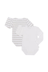 Rib Long Sleeve Bodysuit 2 Pack | White & Grey Stripe & White