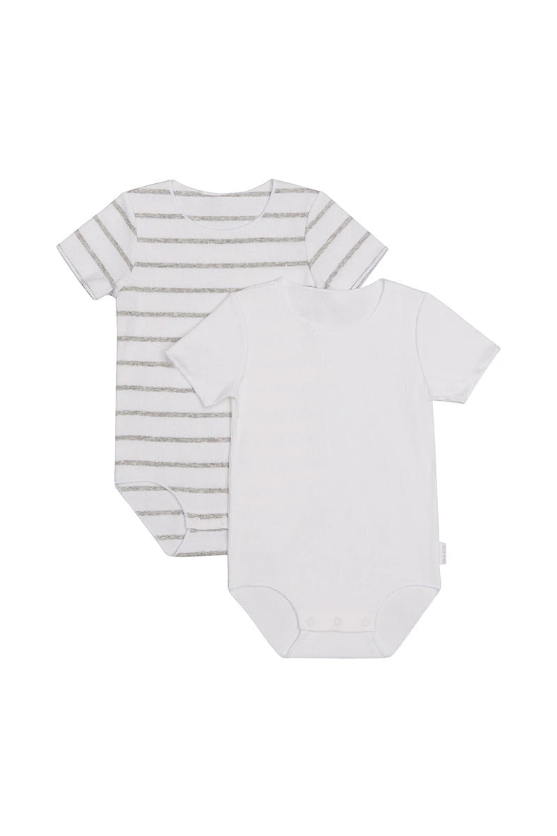 Rib Short Sleeve Bodysuit 2 Pack | White & Grey Stripe & White