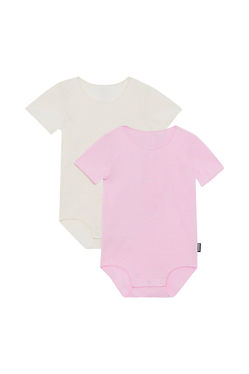 Wondercool Eyelet Short Sleeve Bodysuit 2 Pack | Cotton Gumball Pink /Macadamia